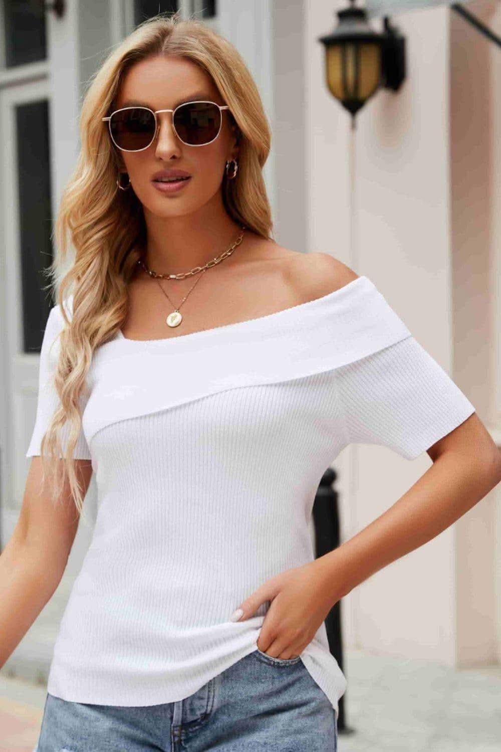 Asymmetrical Neck Rib-Knit Top - SwagglyLife Home & Fashion