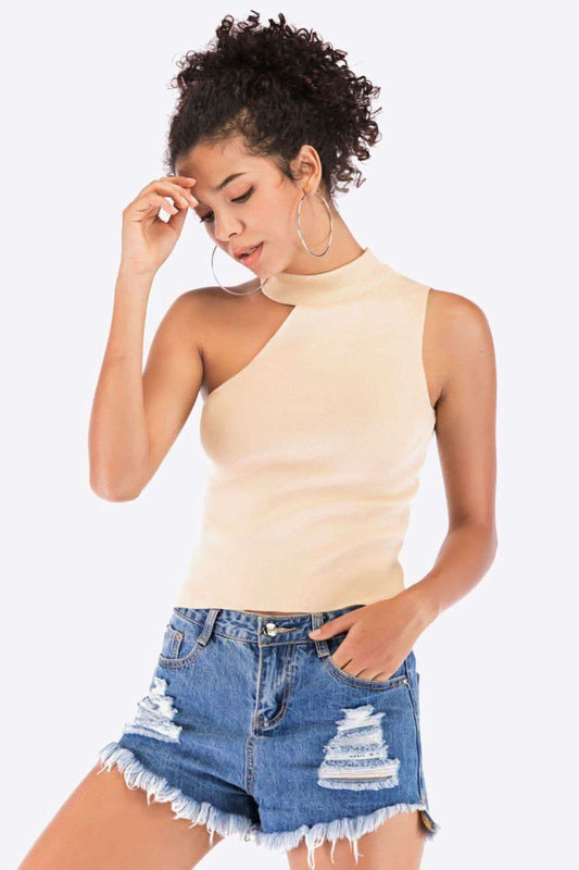 Asymmetrical Sleeveless Rib-Knit Top in Sand One Size - Shirts & Tops photo