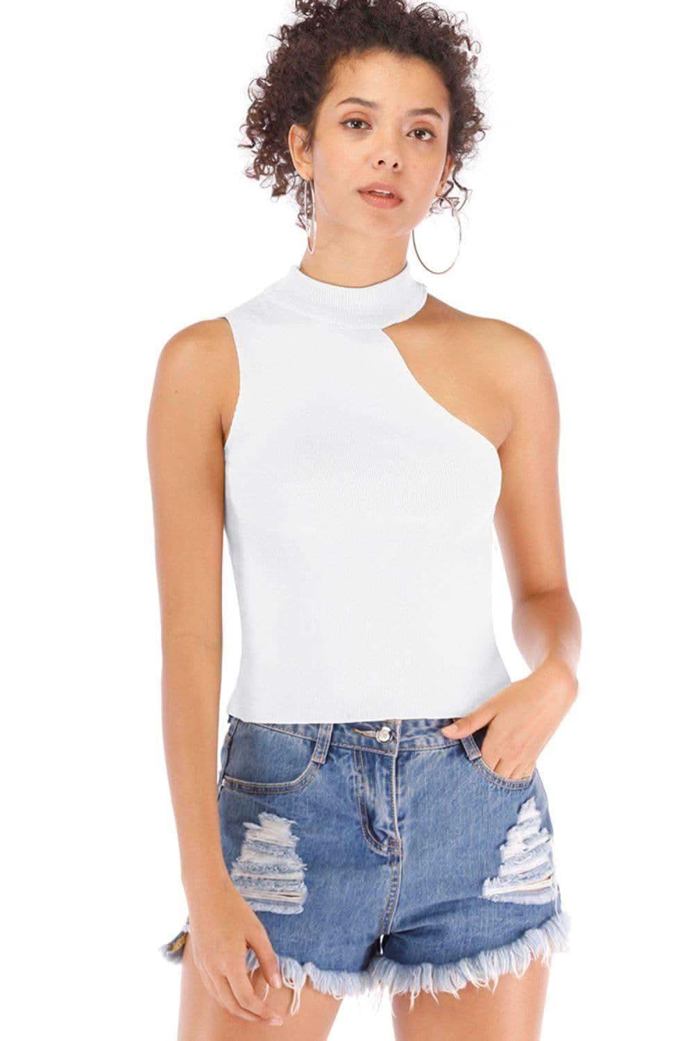 Asymmetrical Sleeveless Rib-Knit Top in White One Size - Shirts & Tops photo