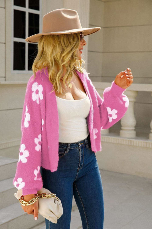 Ava Floral Open Front Fuzzy Cardigan in - Shirts & Tops photo