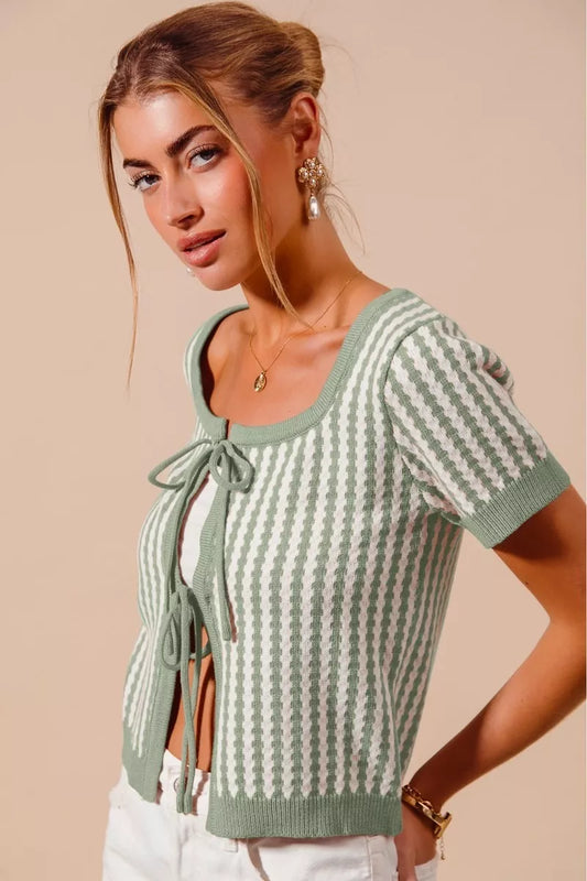 SO ME Tie Front Textured Vertical Stripe Knit Cardigan in - photo