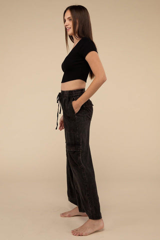 ZENANA Washed Linen Elastic Band Waist Cargo Pants