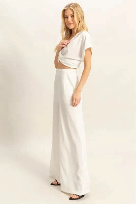 HYFVE Twisted Front Short Sleeve Top and Wide Leg Pants Set in - photo