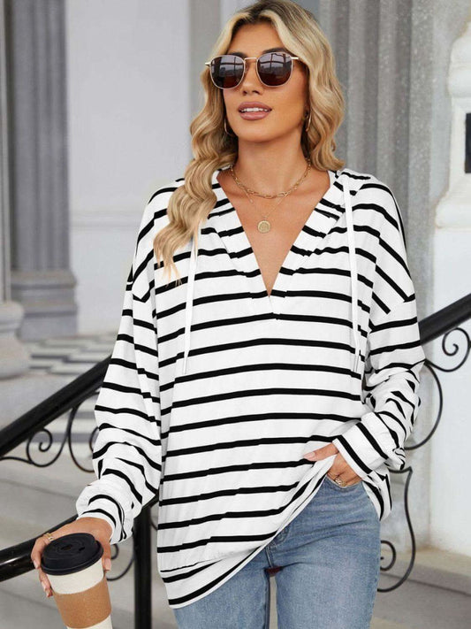 Drawstring Striped Long Sleeve Hoodie in - photo