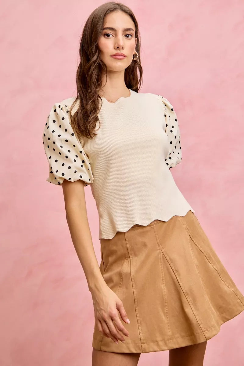 SO ME Polka Dot Contrast Woven Ballon Sleeve Blouse in - photo