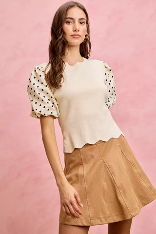 SO ME Polka Dot Contrast Woven Ballon Sleeve Blouse in - photo