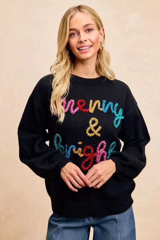 BiBi Tinsel Lettering Christmas Sweater in BLACK MULTI - photo