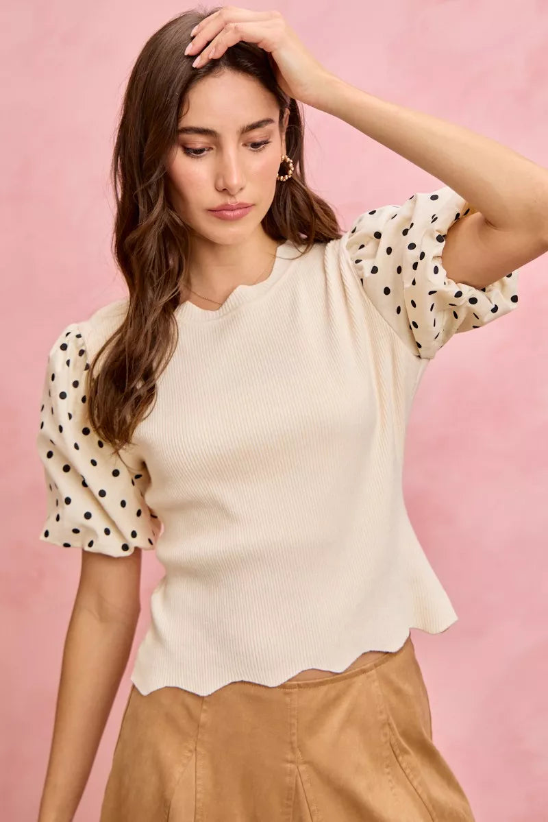 SO ME Polka Dot Contrast Woven Ballon Sleeve Blouse in - photo