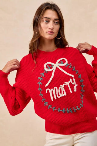 BiBi Christmas Wreath Merry Letter Knit Top in - photo