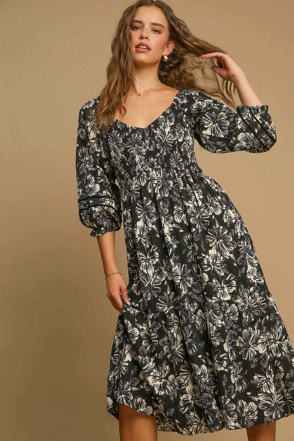 Umgee Ruffle Hem Flower Printed V-Neck Dress in - photo