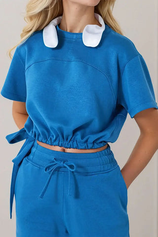 Basic Bae Drawstring Hem Air Scuba Round Neck Short Sleeve T-Shirt - SwagglyLife Home & Fashion