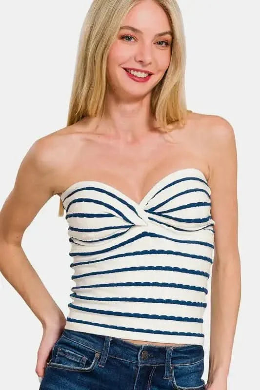 Zenana Twisted Sweetheart Neck Striped Tube Top in Peacock Blue - photo