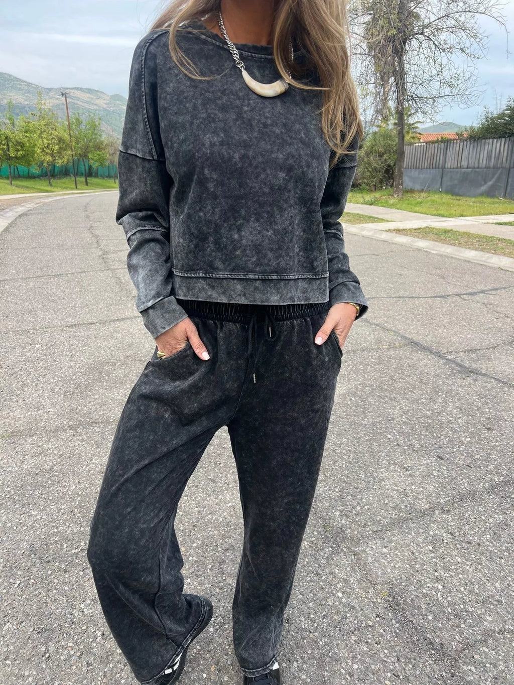 Full Size Washed Round Neck Top and Drawstring Pants Set Plus Size - SwagglyLife Home & Fashion