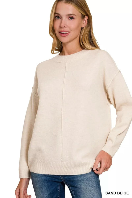 Zenana Melange Front Seam Round-Neck Sweater in SAND BEIGE - photo