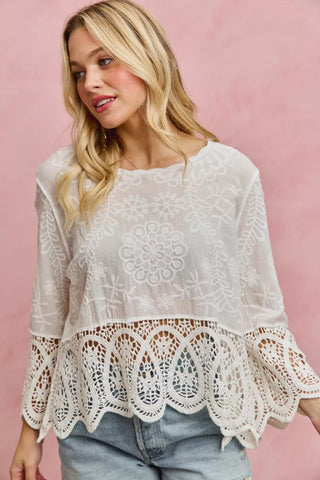 SO ME Floral Embroidered Crochet Lace Trimmed Top in - photo