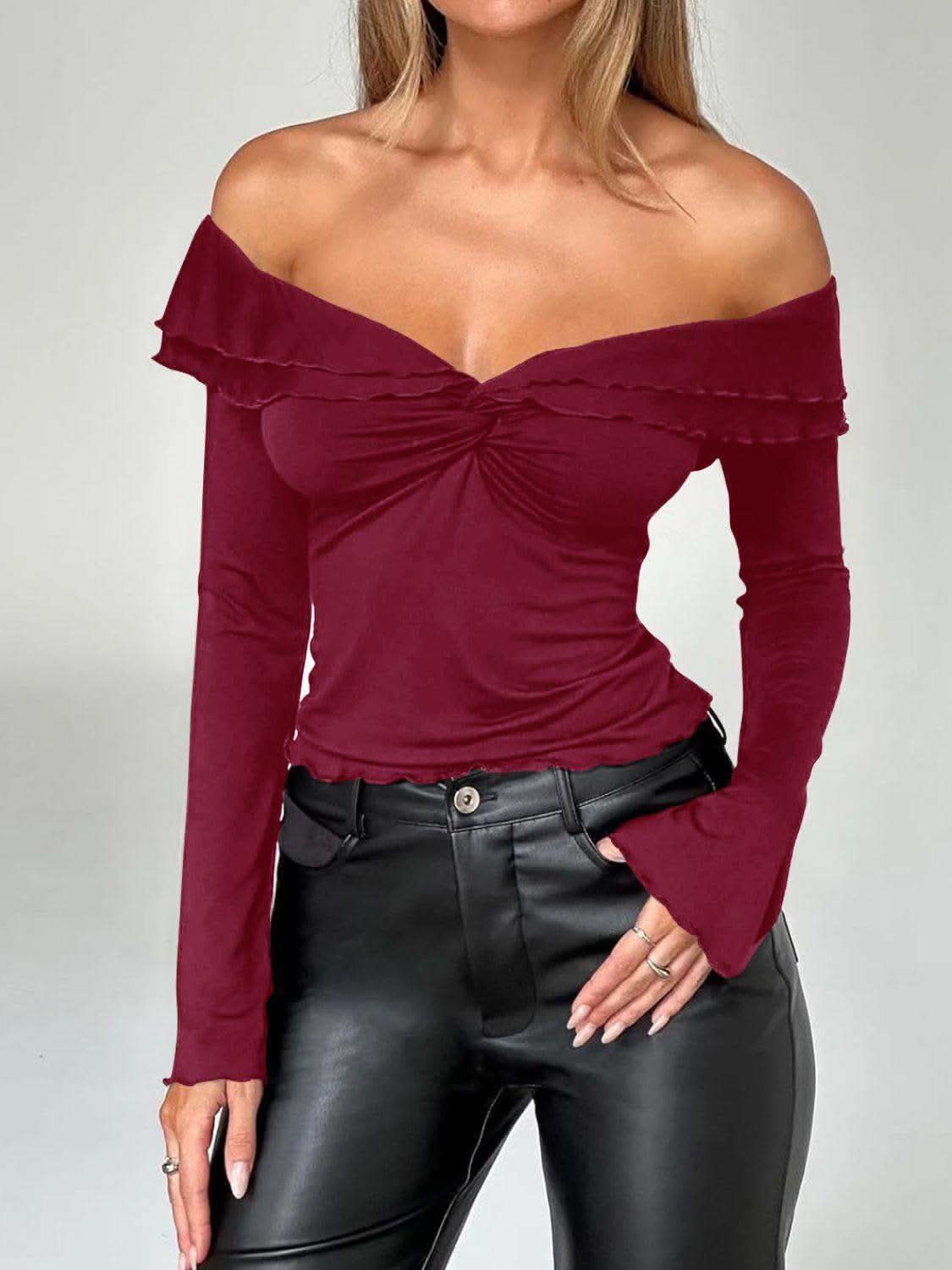 Devine Twisted Ruffled Off-Shoulder Long Sleeve T-Shirt in Rust - tops photo