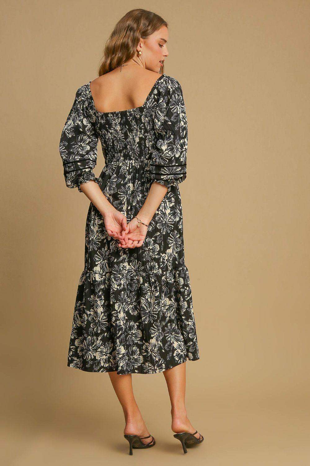 Umgee Ruffle Hem Flower Printed V-Neck Dress in - photo