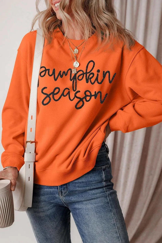 Pumpkin Season Letter Round Neck Long Sleeve Sweatshirt in Orange - photo