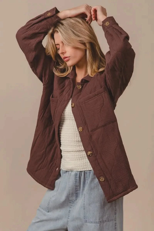 BiBi Quilted Wrinkle Gauze Long Sleeve Shacket in MOCHA - photo