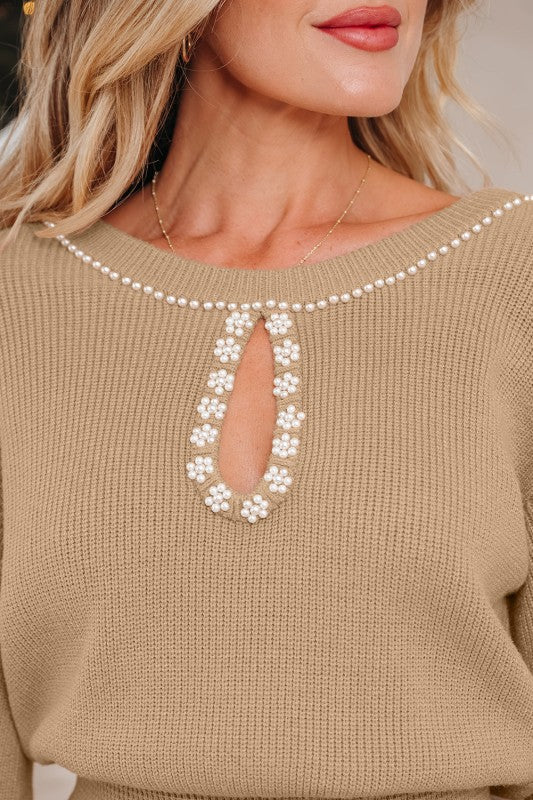 Zariah Embellished Keyhole Ribbed Sweater in - photo