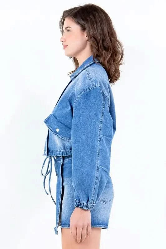 American Bazi Full Size Drop Shoulder Cropped Denim Jacket with Waist Strap Plus Size in - photo
