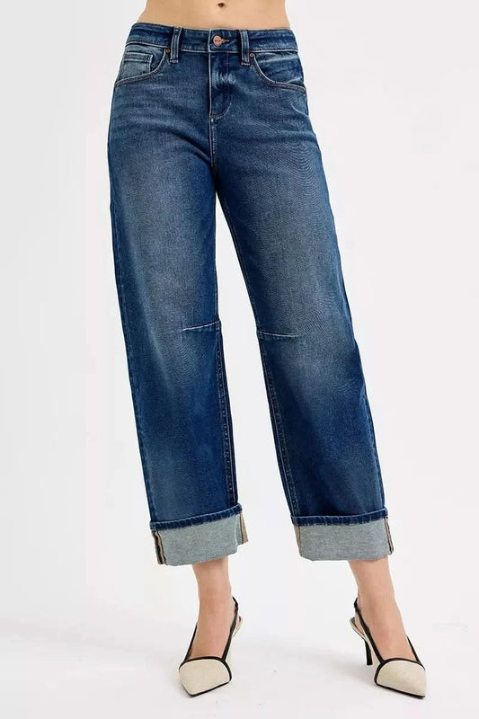 RISEN Slouchy Crop Barrel Cuffed Jeans in DARK - photo