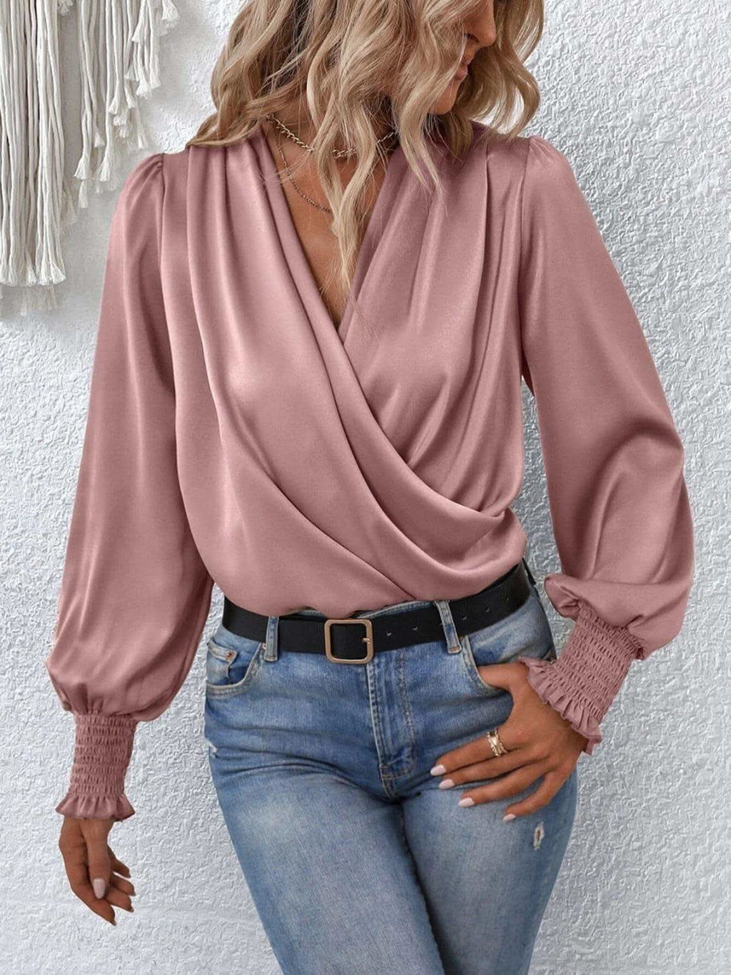 Surplice Smocked Lantern Sleeve Blouse - SwagglyLife Home & Fashion