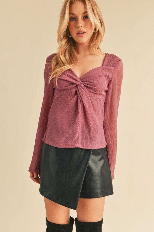 Aemi + Co Twisted Sweetheart Neck Long Sleeve Blouse in - photo