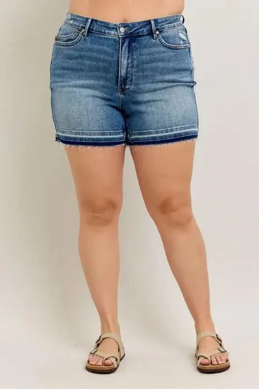 Judy Blue Plus Size Mr Tummy Control Vintage Wash Release Hem Shorts in MD - photo