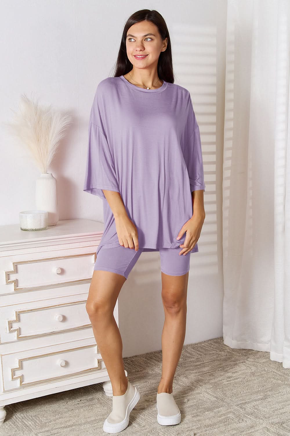 Basic Bae Full Size Soft Rayon Three-Quarter Sleeve Top and Shorts Set in Lavender - Sets photo