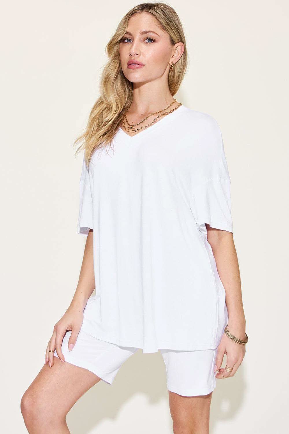 Basic Bae Full Size V-Neck Drop Shoulder T-Shirt and Shorts Set - SwagglyLife Home & Fashion