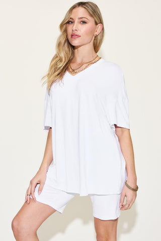 Basic Bae Full Size V-Neck Drop Shoulder T-Shirt and Shorts Set - SwagglyLife Home & Fashion