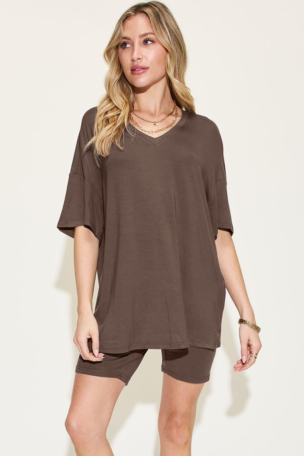 Basic Bae Full Size V-Neck Drop Shoulder T-Shirt and Shorts Set - SwagglyLife Home & Fashion