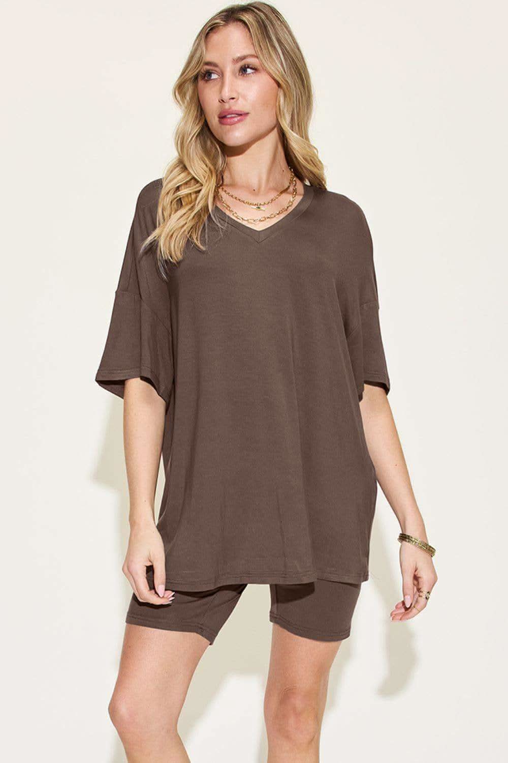 Basic Bae Full Size V-Neck Drop Shoulder T-Shirt and Shorts Set - SwagglyLife Home & Fashion
