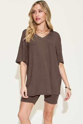 Basic Bae Full Size V-Neck Drop Shoulder T-Shirt and Shorts Set - SwagglyLife Home & Fashion