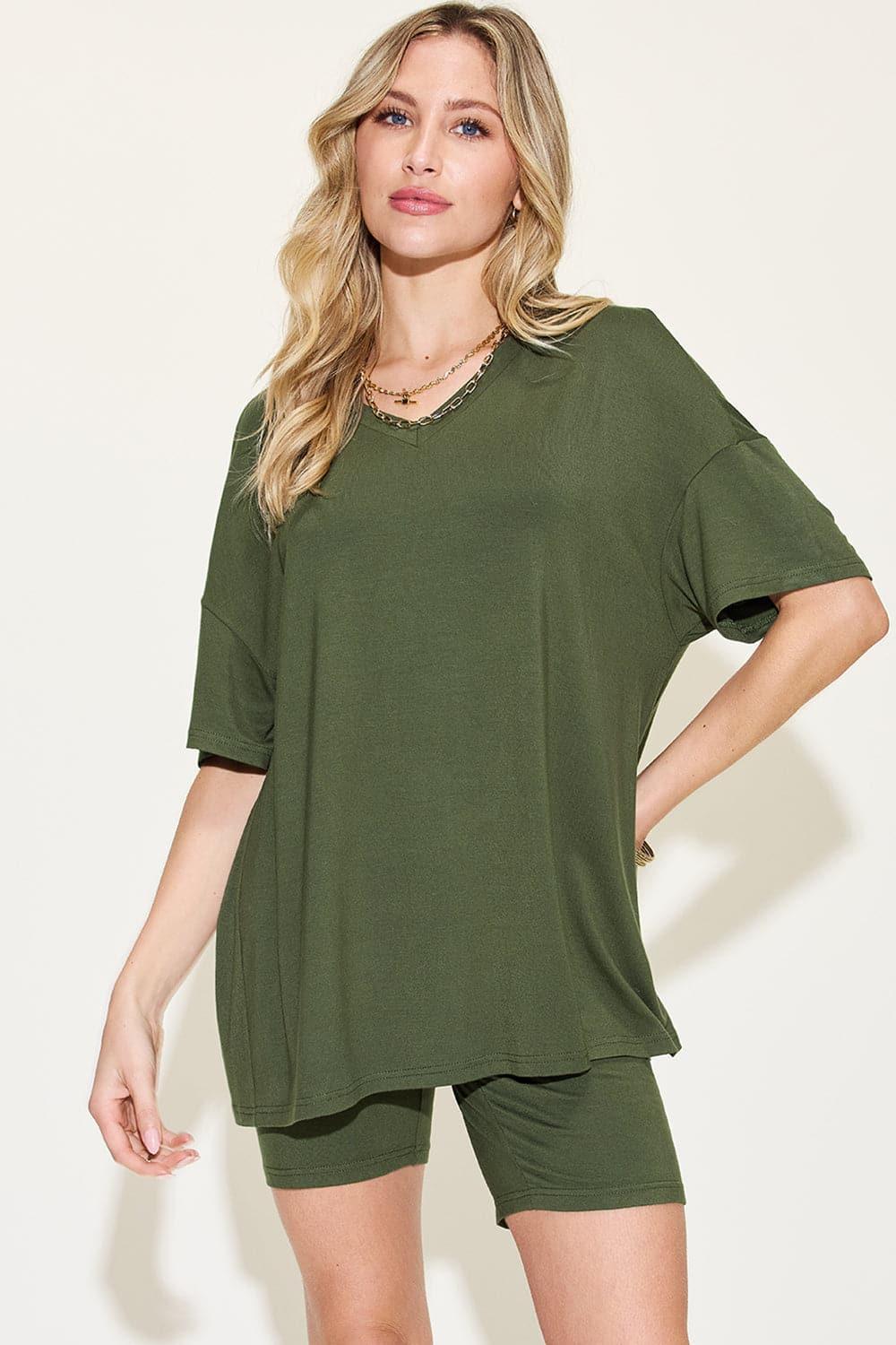 Basic Bae Full Size V-Neck Drop Shoulder T-Shirt and Shorts Set - SwagglyLife Home & Fashion