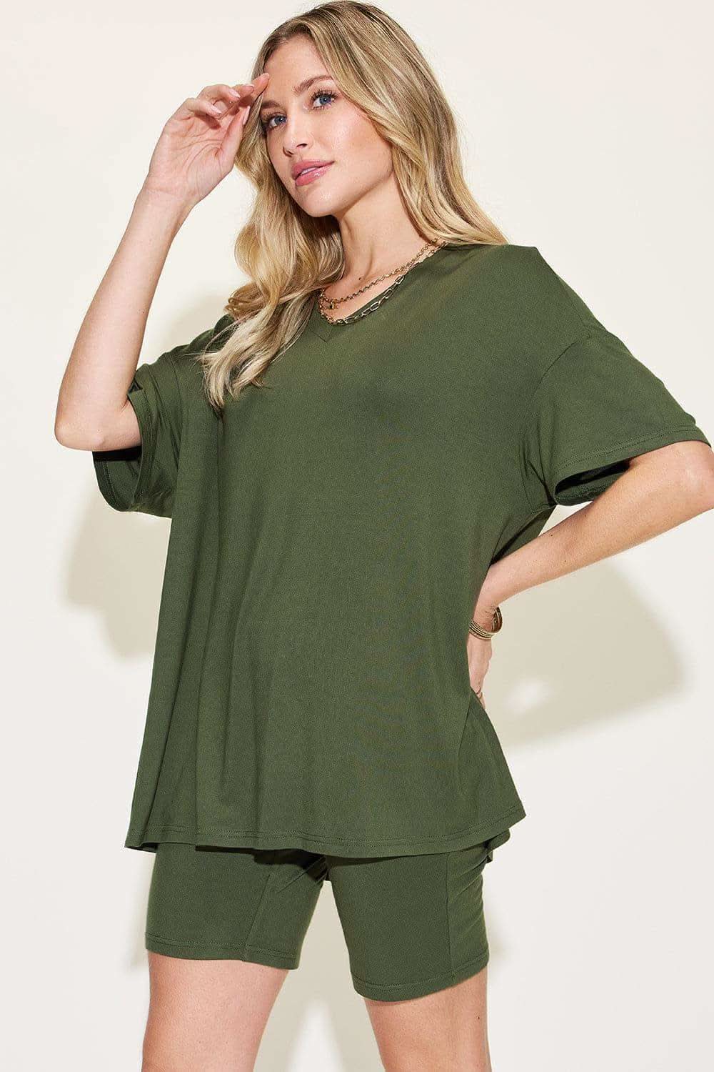 Basic Bae Full Size V-Neck Drop Shoulder T-Shirt and Shorts Set - SwagglyLife Home & Fashion