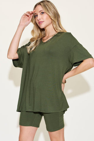 Basic Bae Full Size V-Neck Drop Shoulder T-Shirt and Shorts Set - SwagglyLife Home & Fashion