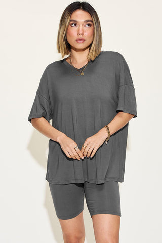 Basic Bae Full Size V-Neck Drop Shoulder T-Shirt and Shorts Set - SwagglyLife Home & Fashion