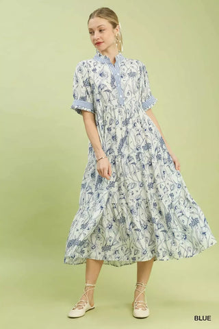Umgee Floral Tiered Midi Dress with Ruffle Trim in BLUE - photo
