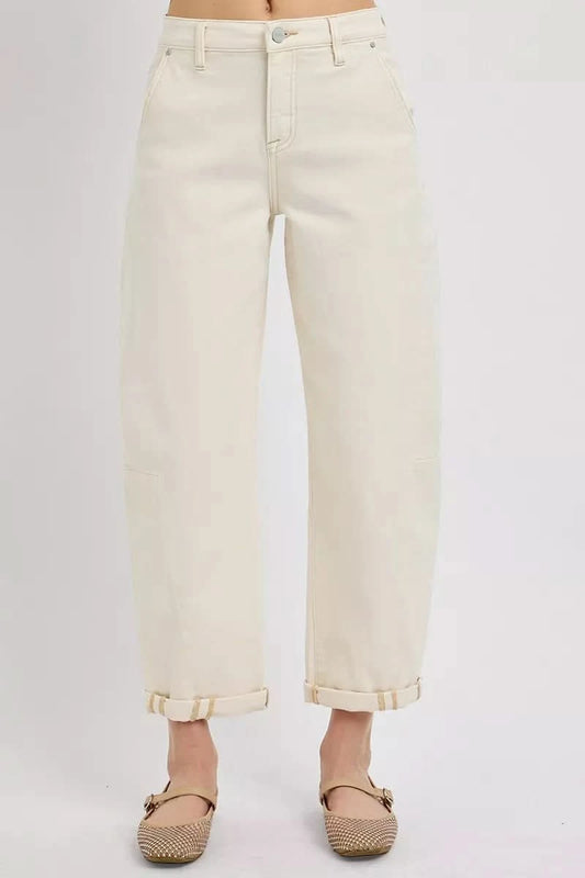 RISEN High Rise Relaxed Barrel Cuffed Jeans in IVORY - photo
