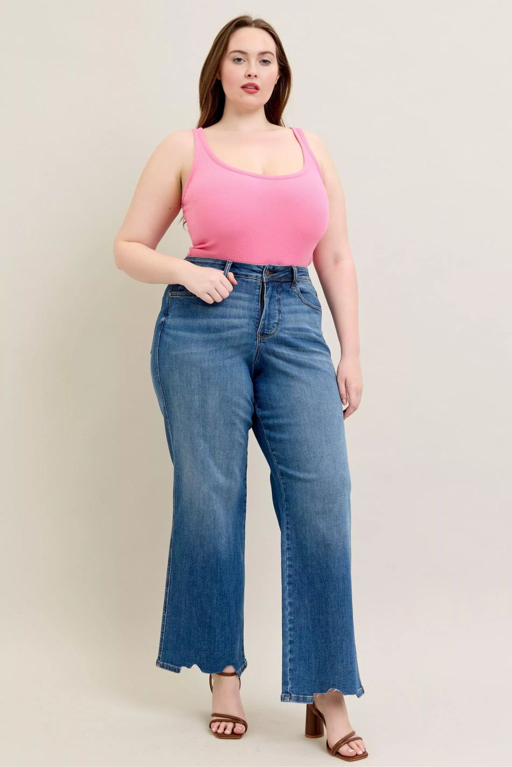 Judy Blue Full Size High Waist Tummy Control Chew Hem Destroy Wide Jeans Plus Size in - photo