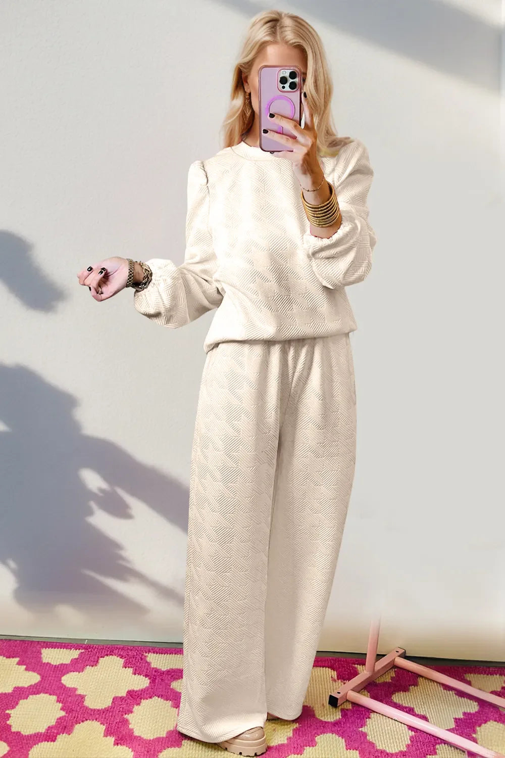 Double Take Texture Long Sleeve Top and Wide Leg Pants Set in Cream - photo