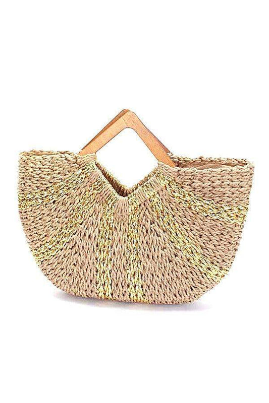 Beach Days Wooden Handle Metallic Straw Basket Tote in Khaki O S - Handbags photo