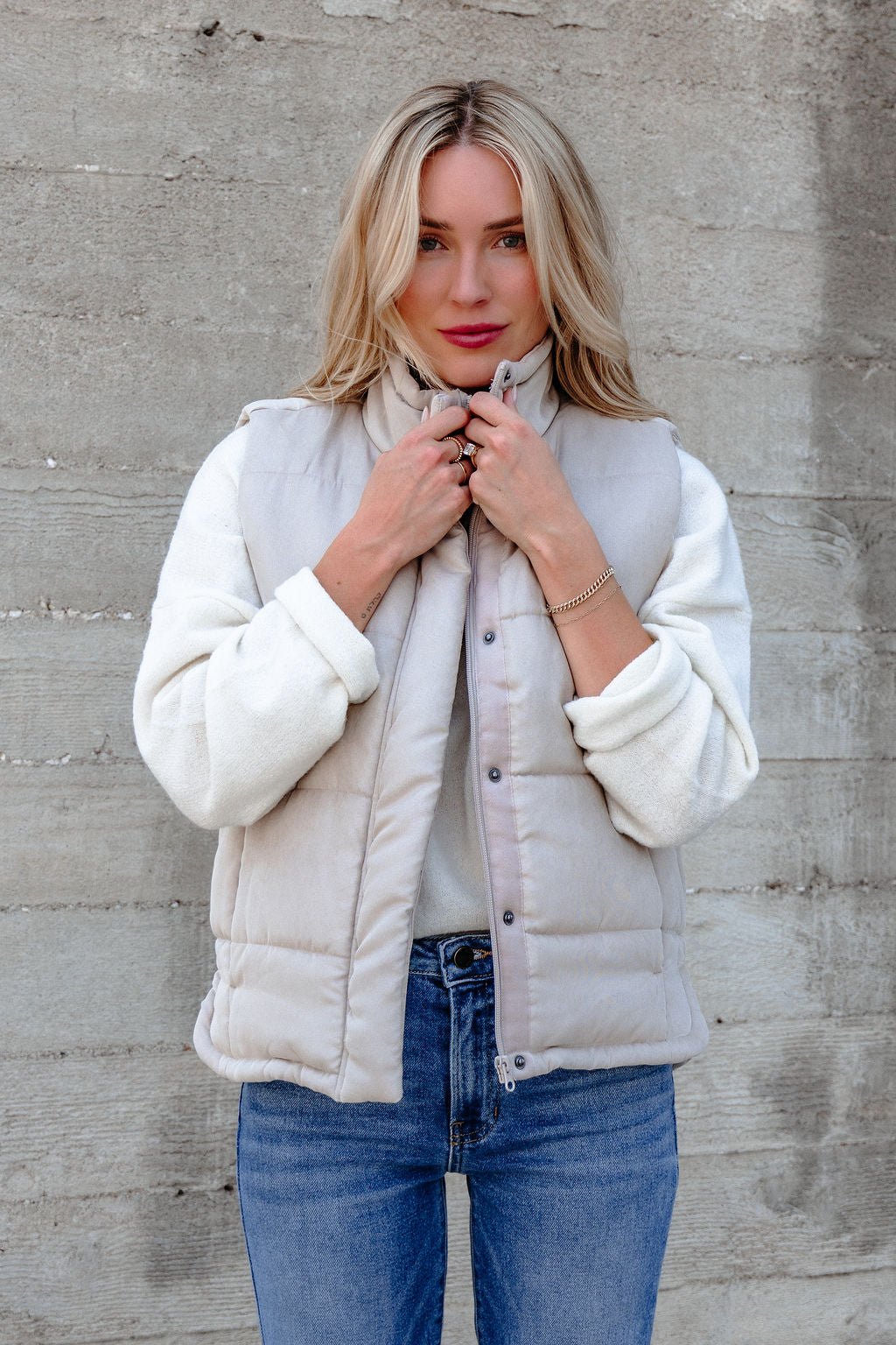 Beige Button Up Puffer Vest in - tops photo