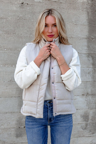 Beige Button Up Puffer Vest in - tops photo