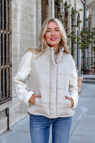Beige Button Up Puffer Vest in - tops photo