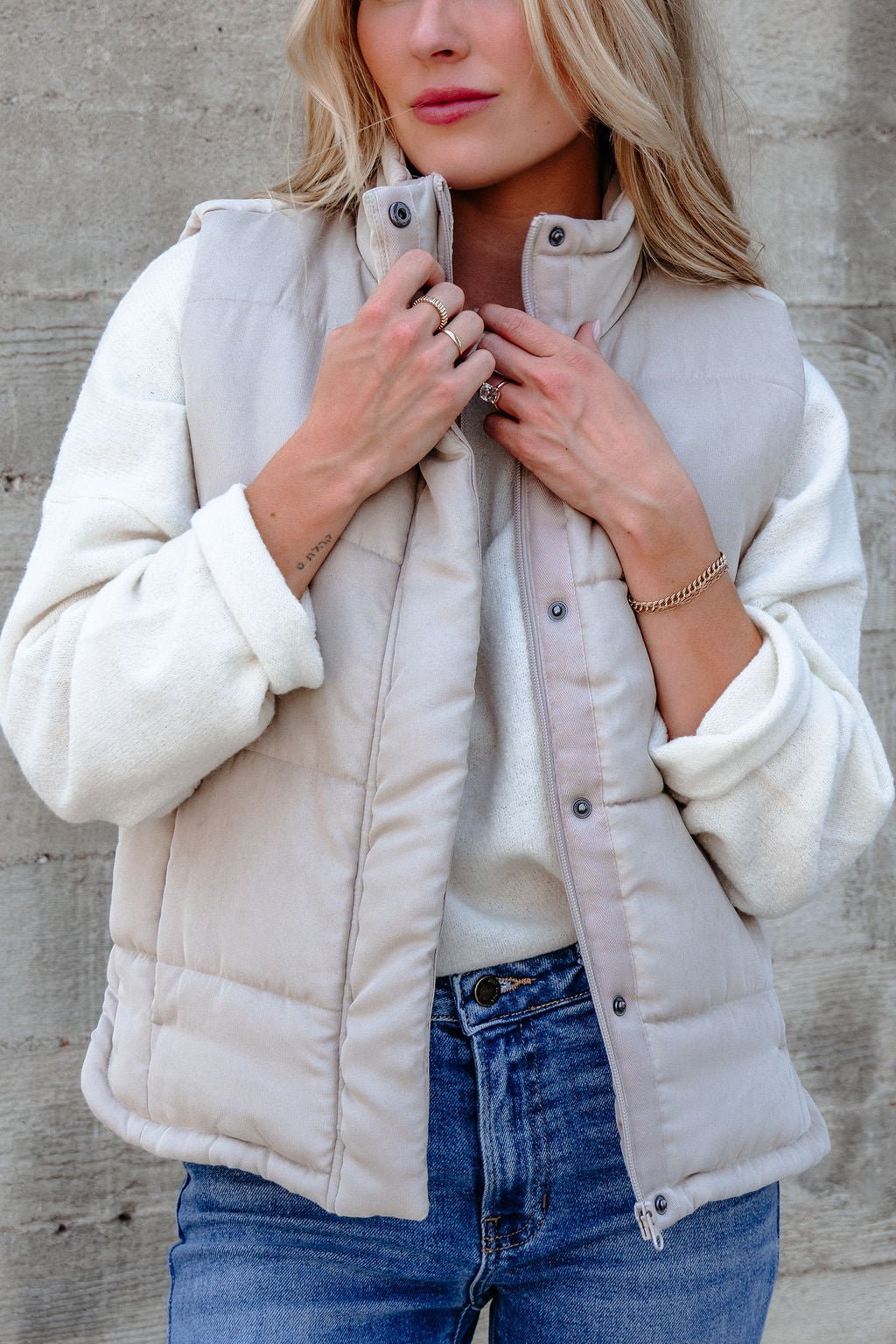 Beige Button Up Puffer Vest in - tops photo