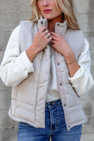 Beige Button Up Puffer Vest in - tops photo