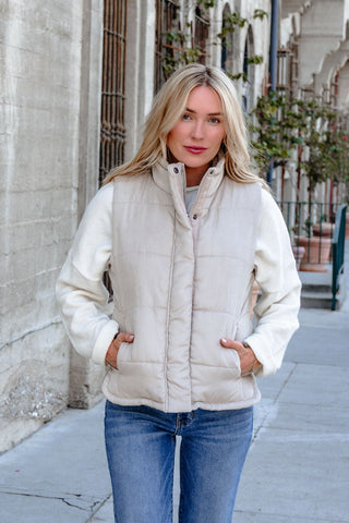 Beige Button Up Puffer Vest in - tops photo